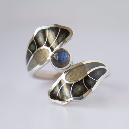 Cloisonne Enamel Silver Ring With Labradorite Stone