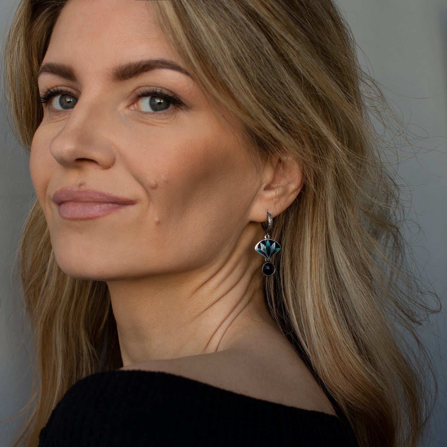Oxidized Silver Lotus Cloisonne Enamel & Onyx Drop Earrings