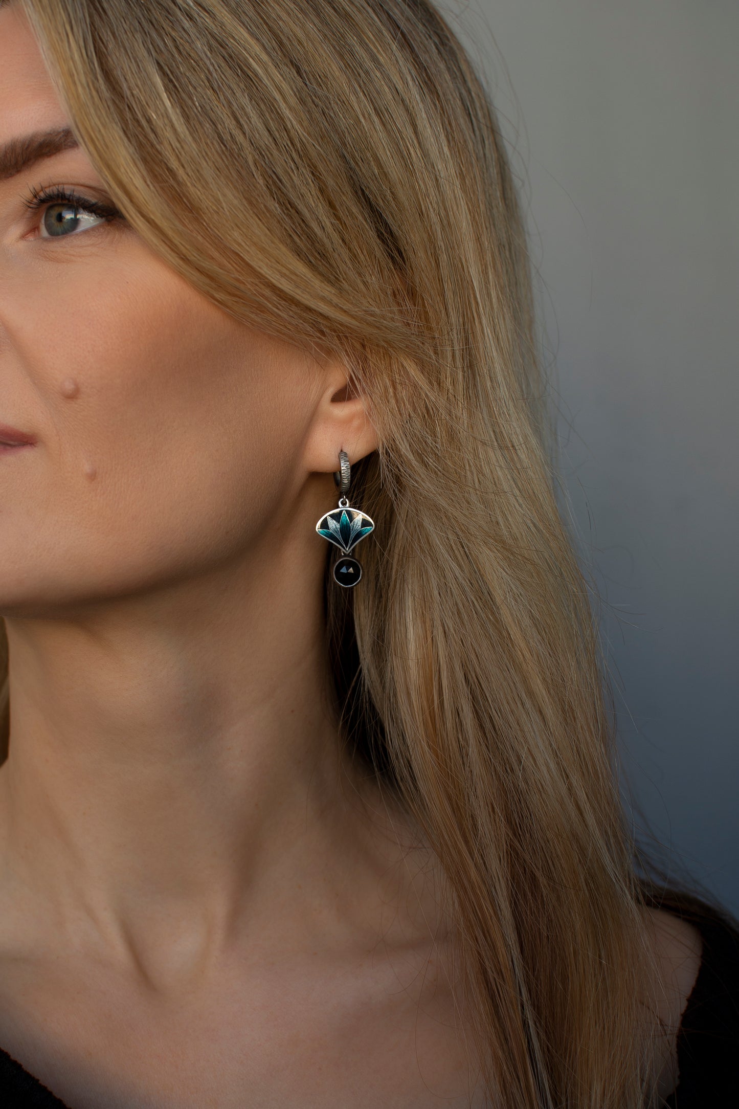 Oxidized Silver Lotus Cloisonne Enamel & Onyx Drop Earrings