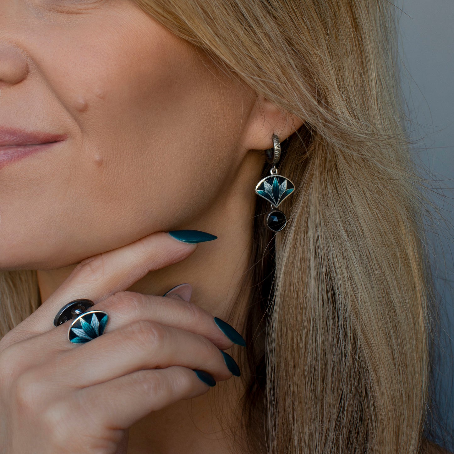 Oxidized Silver Lotus Cloisonne Enamel & Onyx Drop Earrings