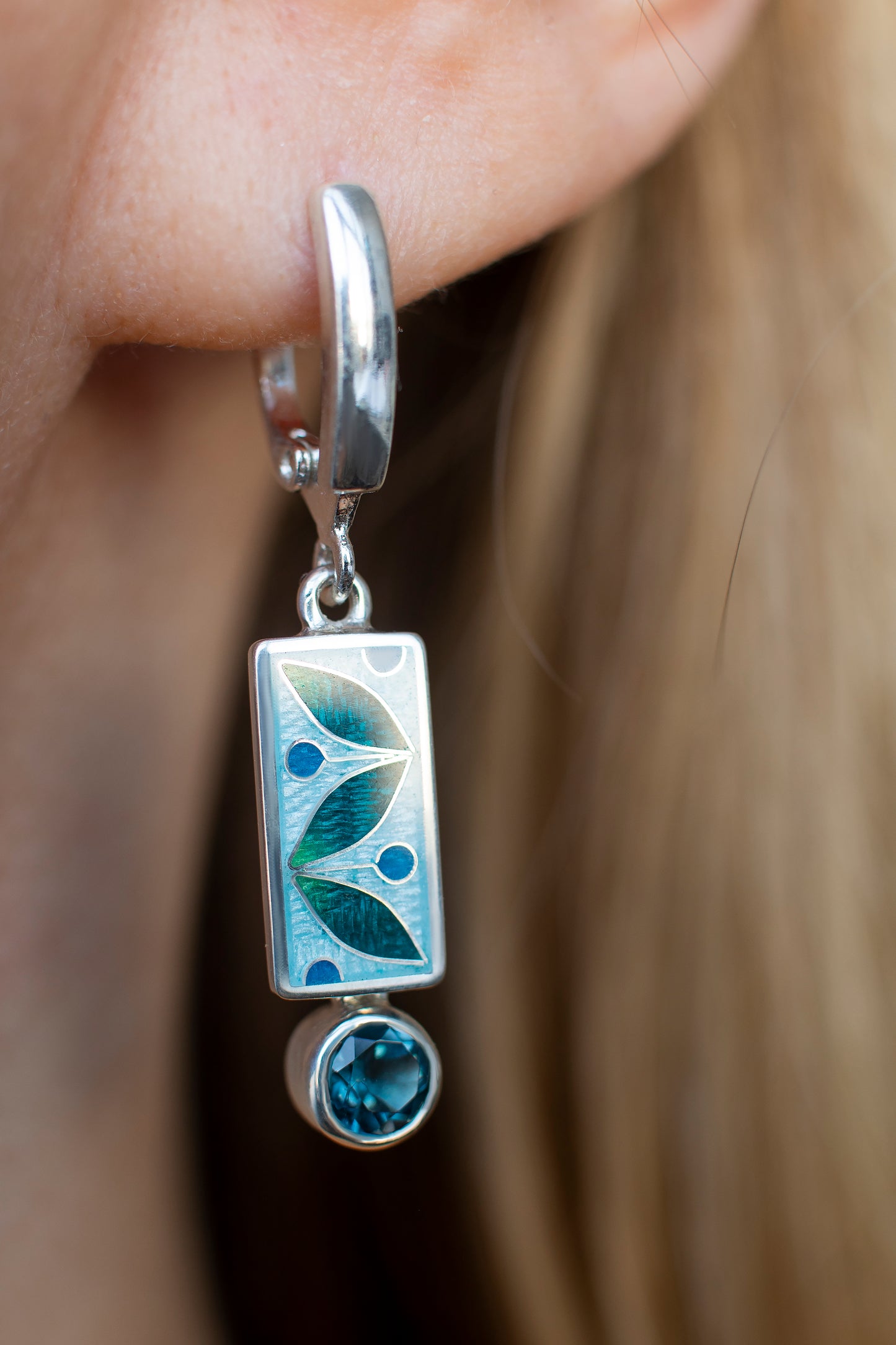 London Blue Topaz Silver Earrings, Cloisonne Enamel, Art Deco Rectangle Earrings