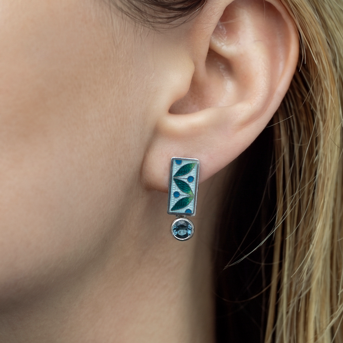 London Blue Topaz Silver Earrings, Cloisonne Enamel, Art Deco Rectangle Earrings