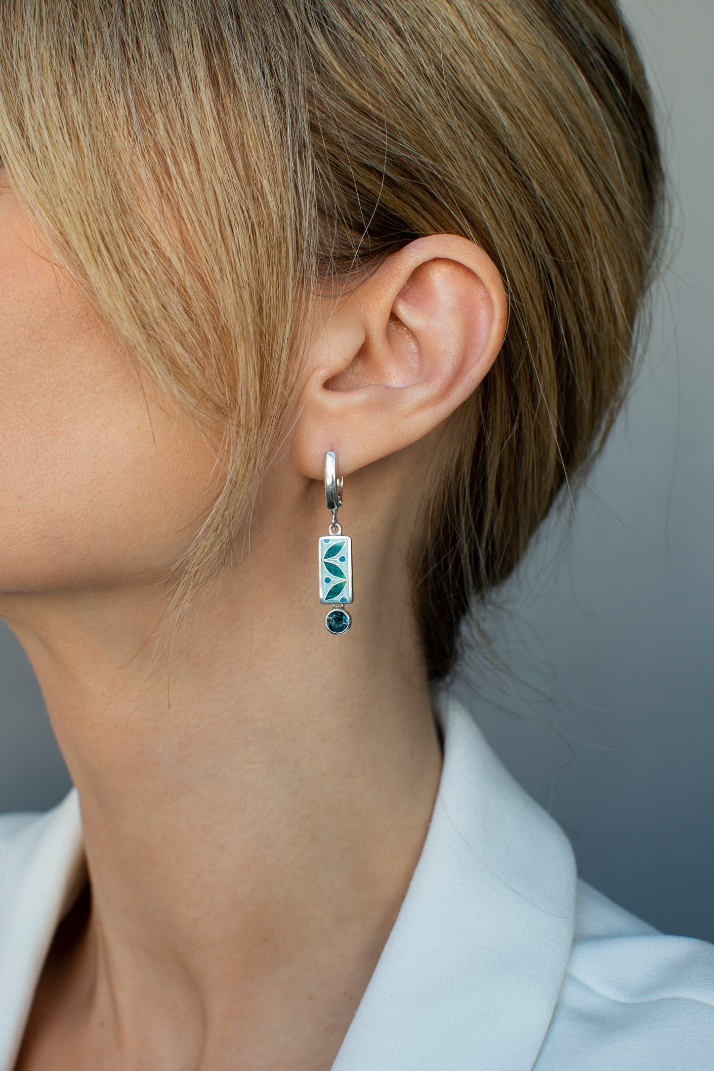 London Blue Topaz Silver Earrings, Cloisonne Enamel, Art Deco Rectangle Earrings