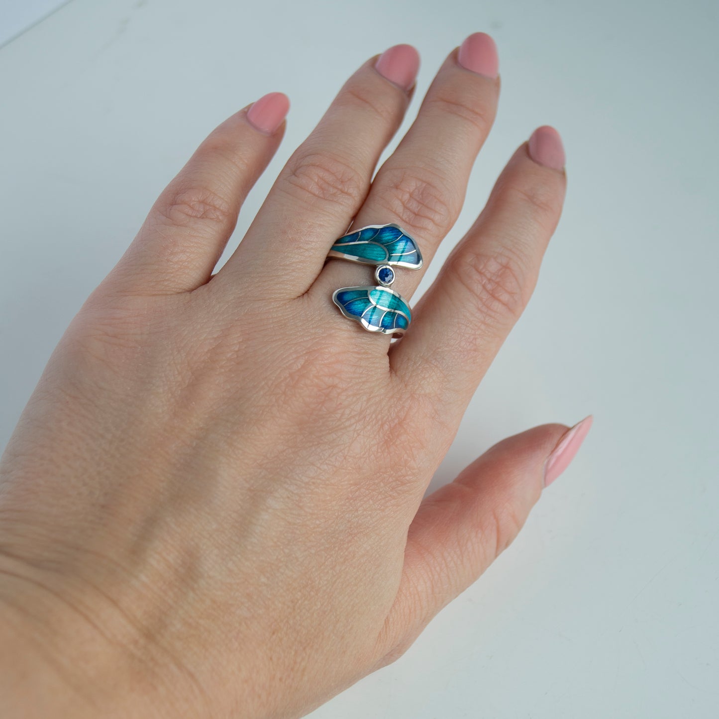 Sapphire Enamel Ring, Cloisonne Enamel And Sterling Silver Gemstone Ring
