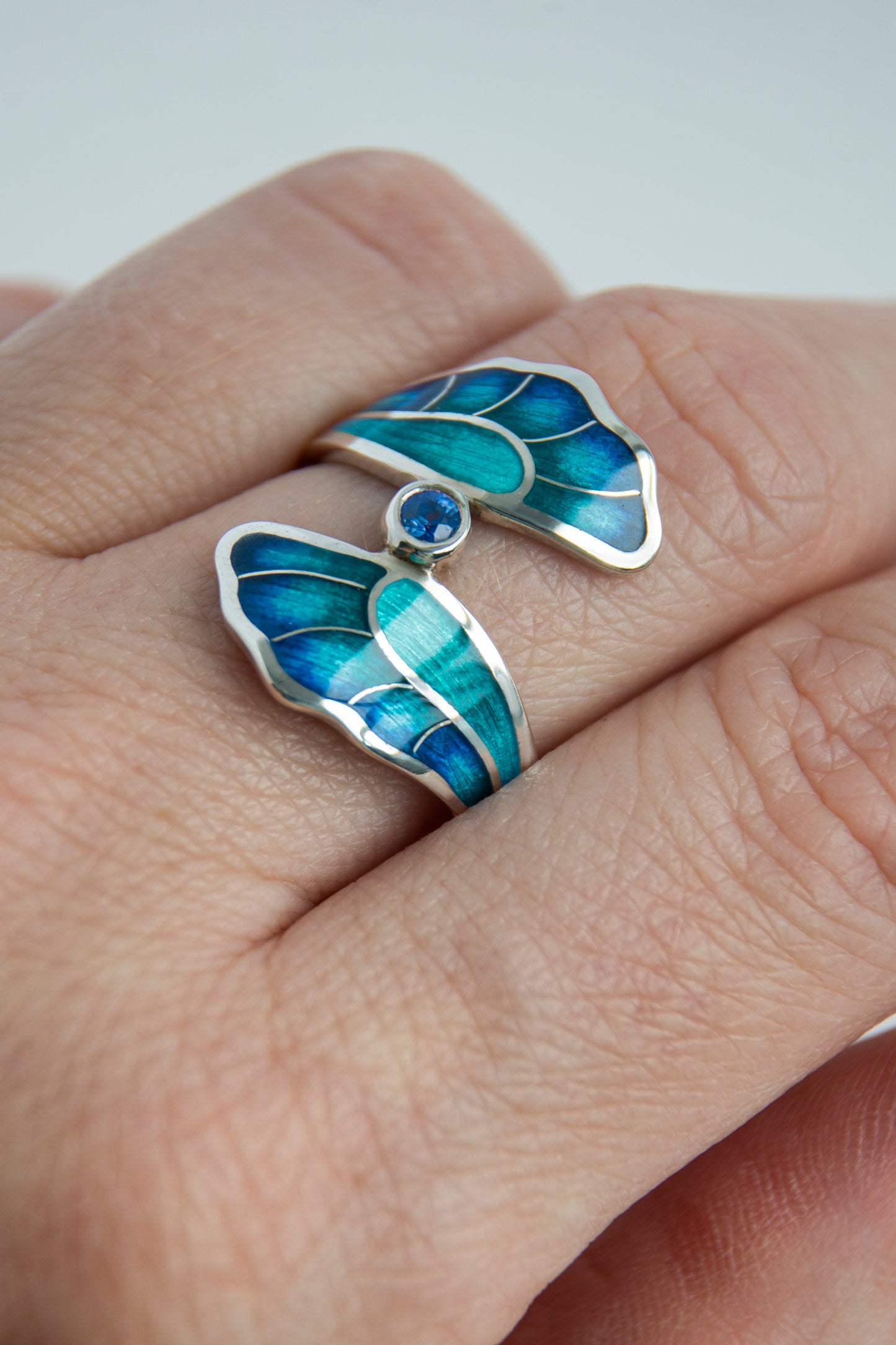Sapphire Enamel Ring, Cloisonne Enamel And Sterling Silver Gemstone Ring