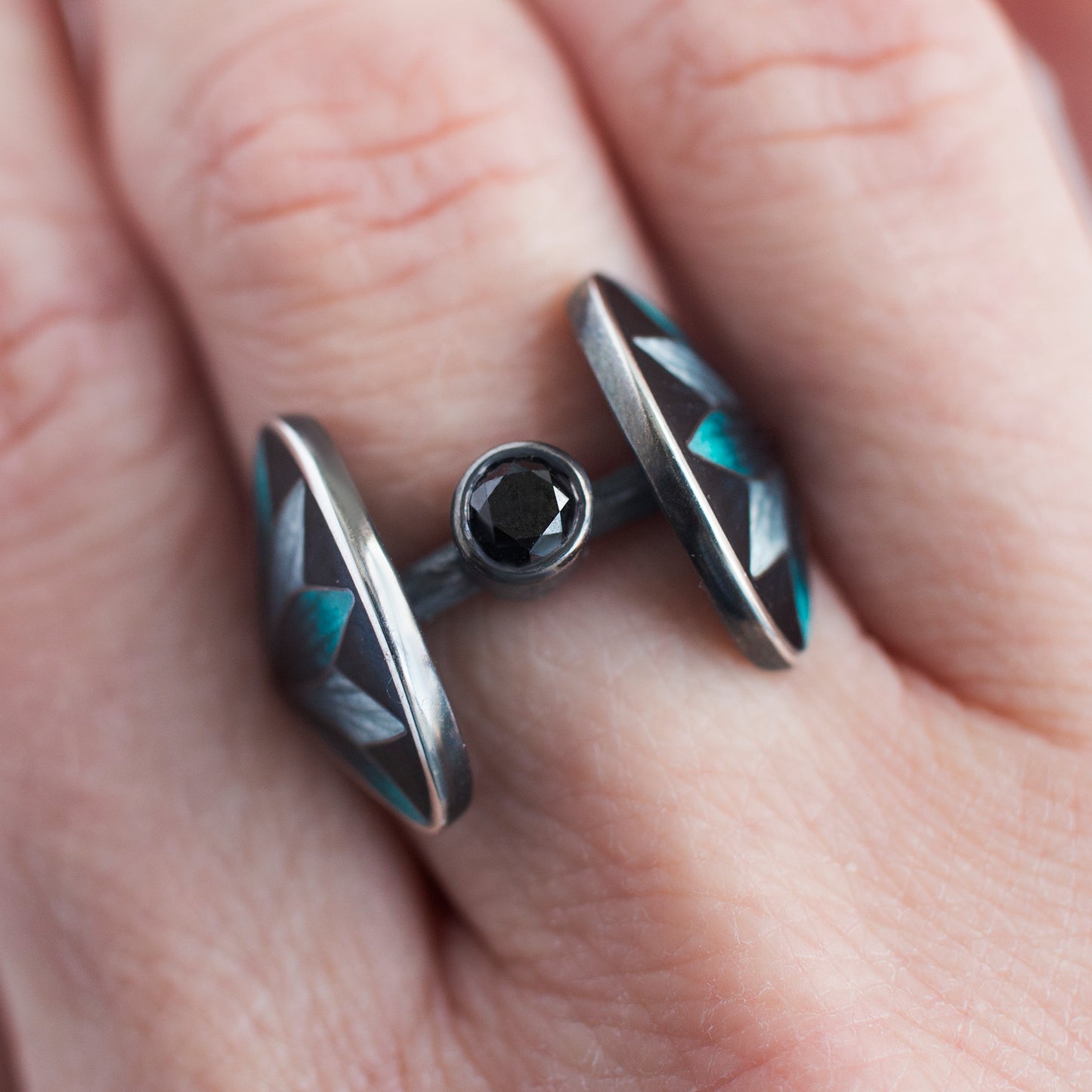 Black Diamond Ring, Oxidized Silver Ring With Cloisonne Enamel Lotus