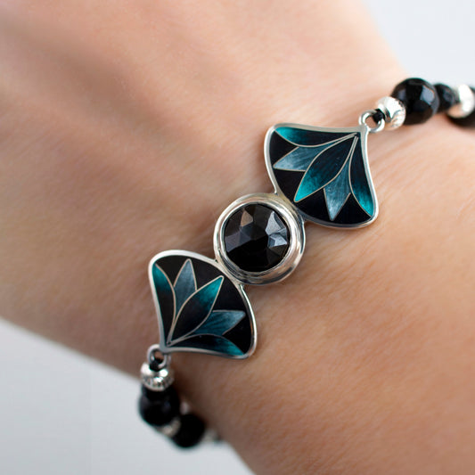 Black Onyx Beaded Elastic Bracelet With Cloisonne Enamel Silver Accents
