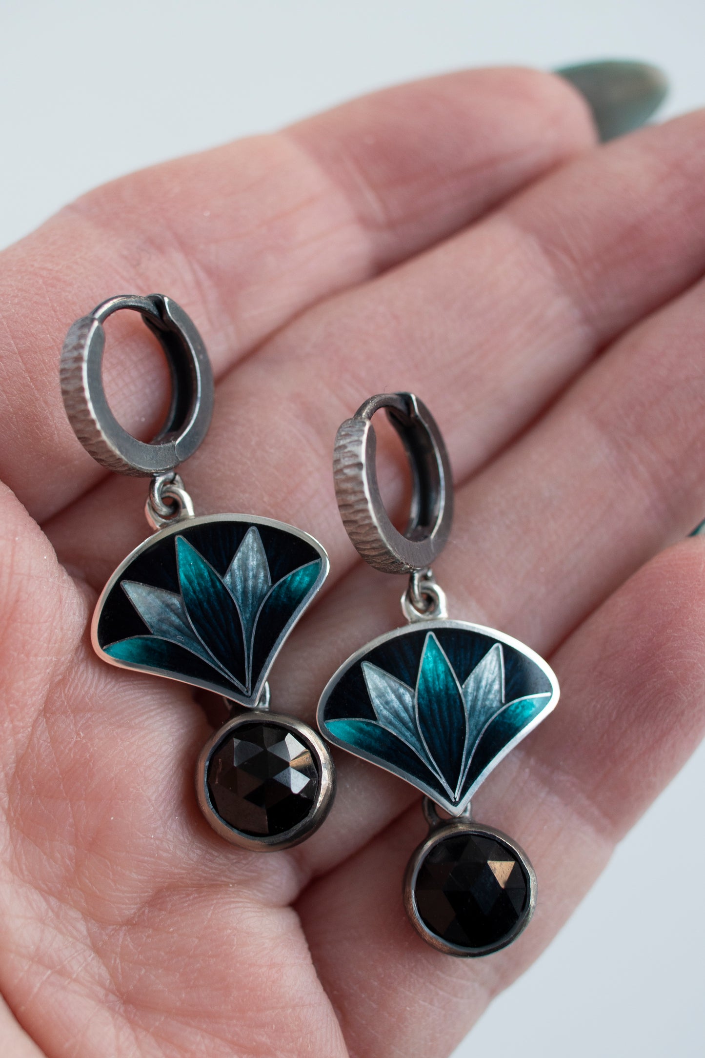 Oxidized Silver Lotus Cloisonne Enamel & Onyx Drop Earrings