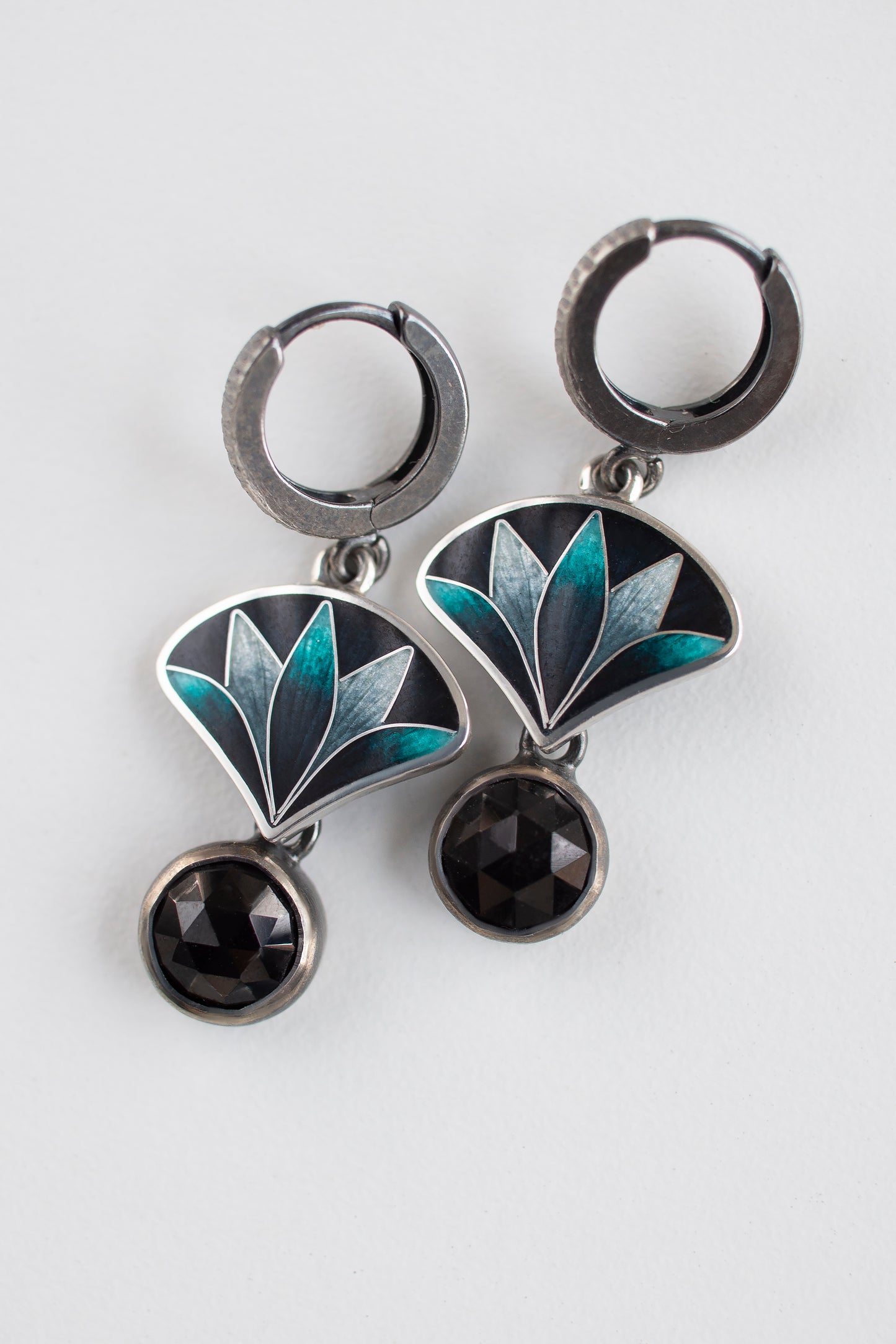 Oxidized Silver Lotus Cloisonne Enamel & Onyx Drop Earrings