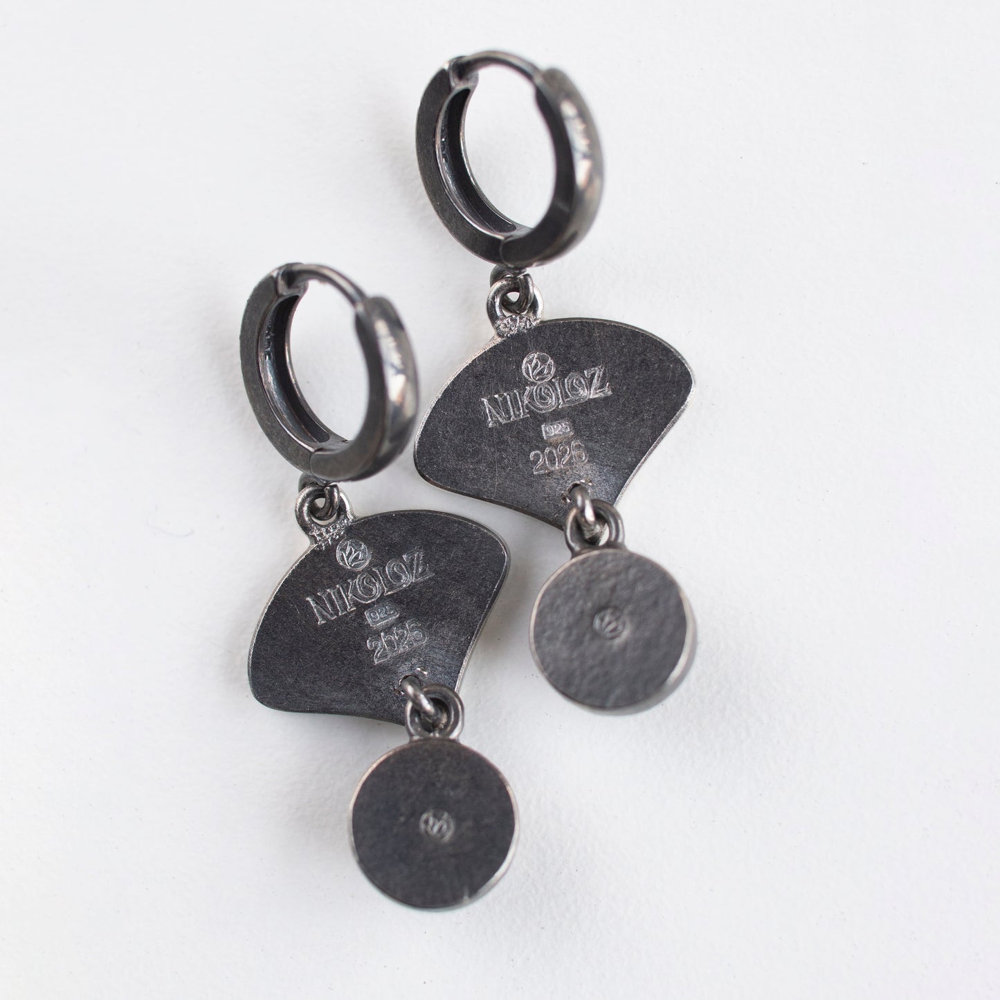 Oxidized Silver Lotus Cloisonne Enamel & Onyx Drop Earrings