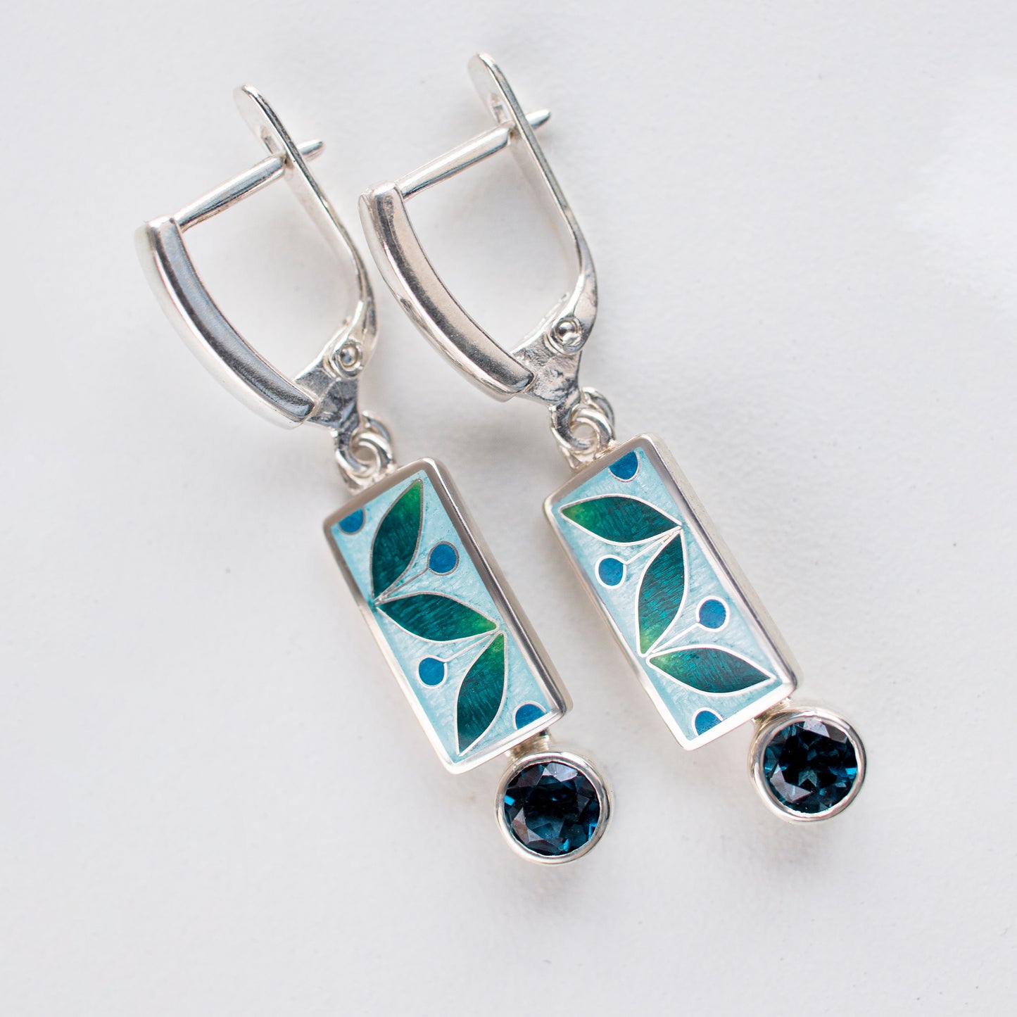 London Blue Topaz Silver Earrings, Cloisonne Enamel, Art Deco Rectangle Earrings