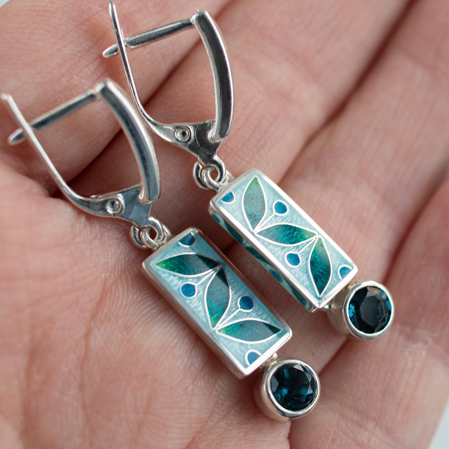 London Blue Topaz Silver Earrings, Cloisonne Enamel, Art Deco Rectangle Earrings