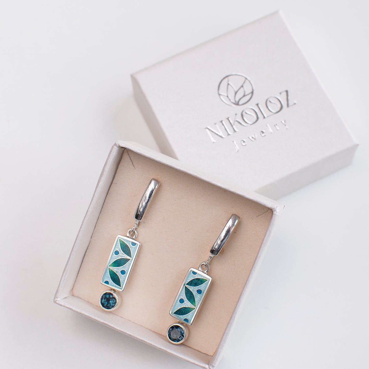 London Blue Topaz Silver Earrings, Cloisonne Enamel, Art Deco Rectangle Earrings