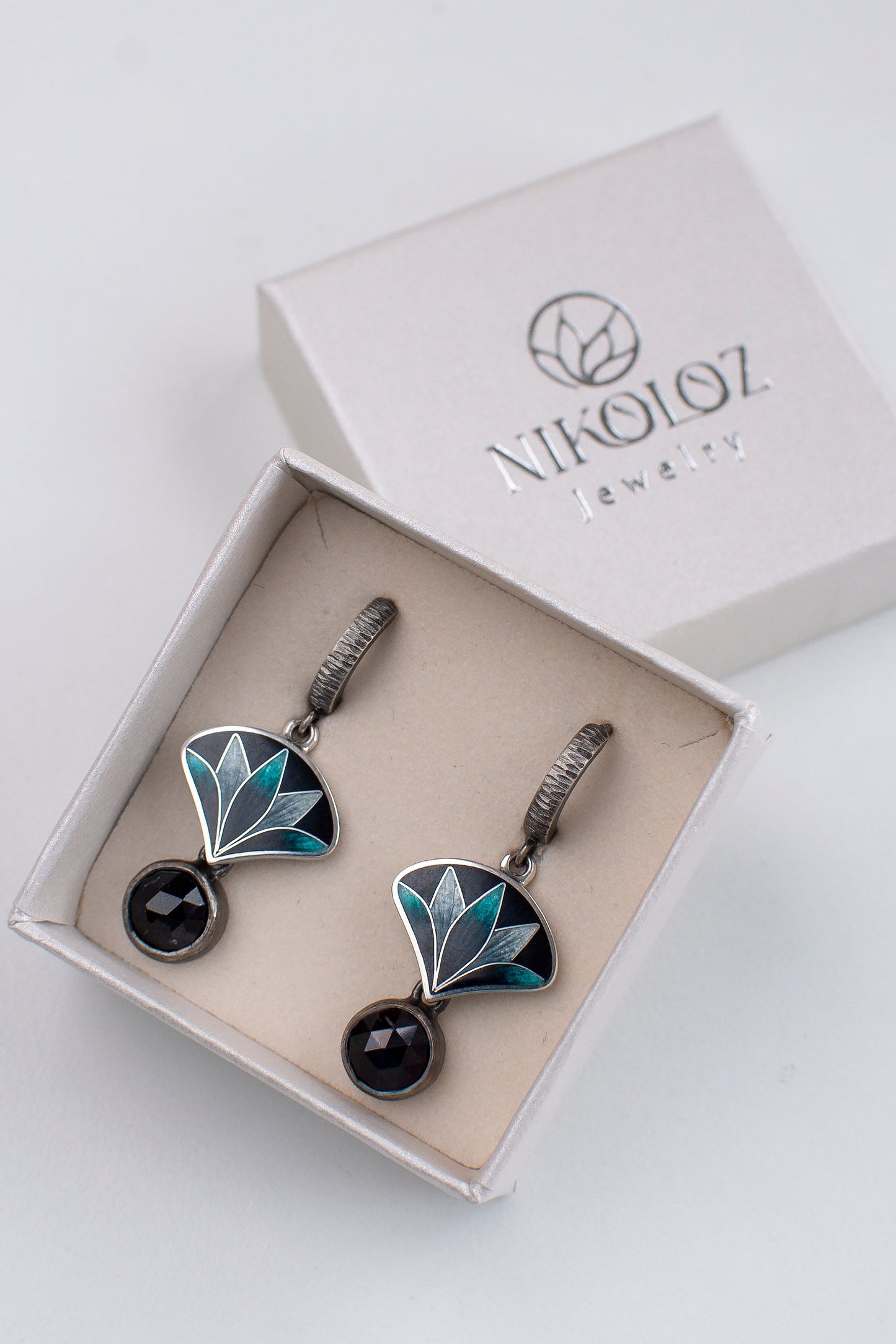Oxidized Silver Lotus Cloisonne Enamel & Onyx Drop Earrings