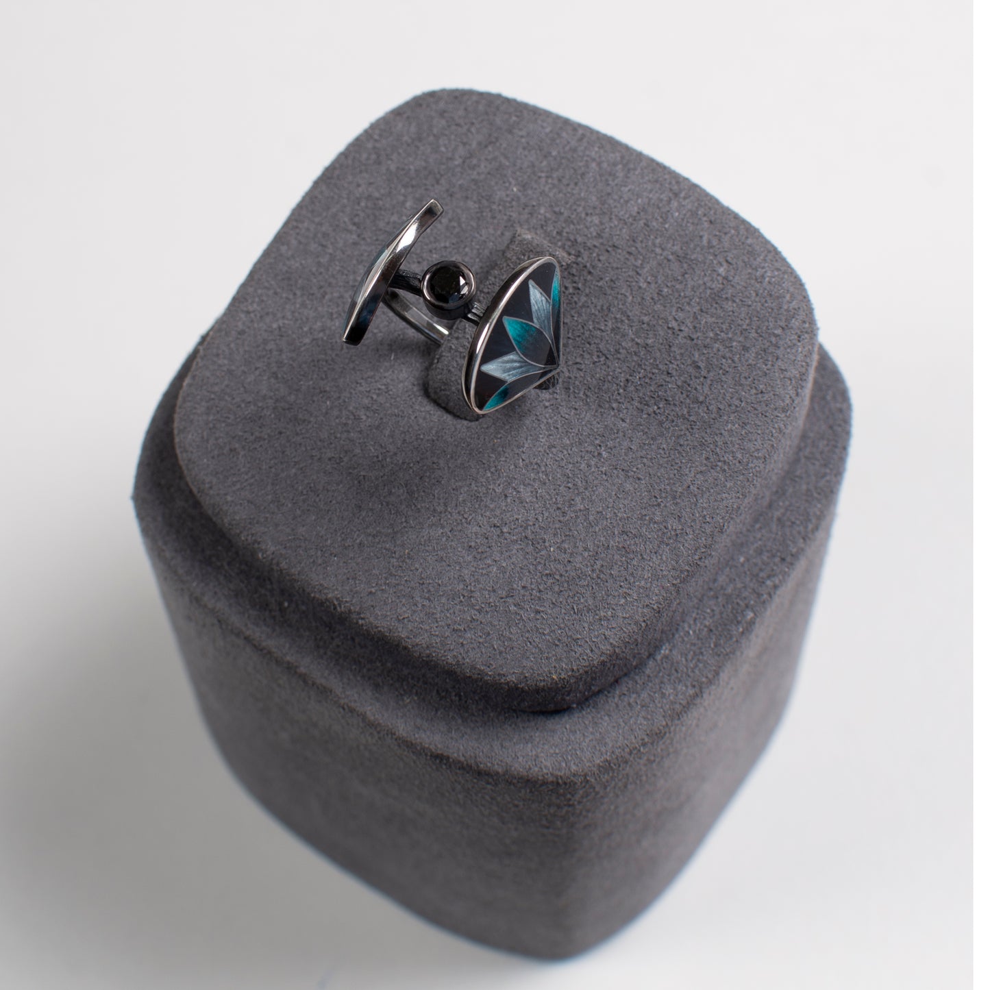 Black Diamond Ring, Oxidized Silver Ring With Cloisonne Enamel Lotus