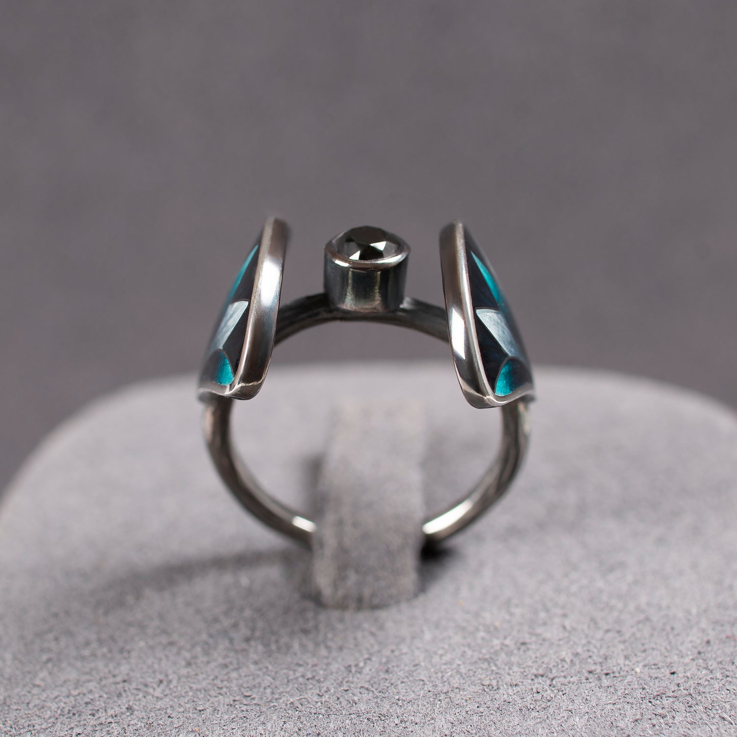 Black Diamond Ring, Oxidized Silver Ring With Cloisonne Enamel Lotus