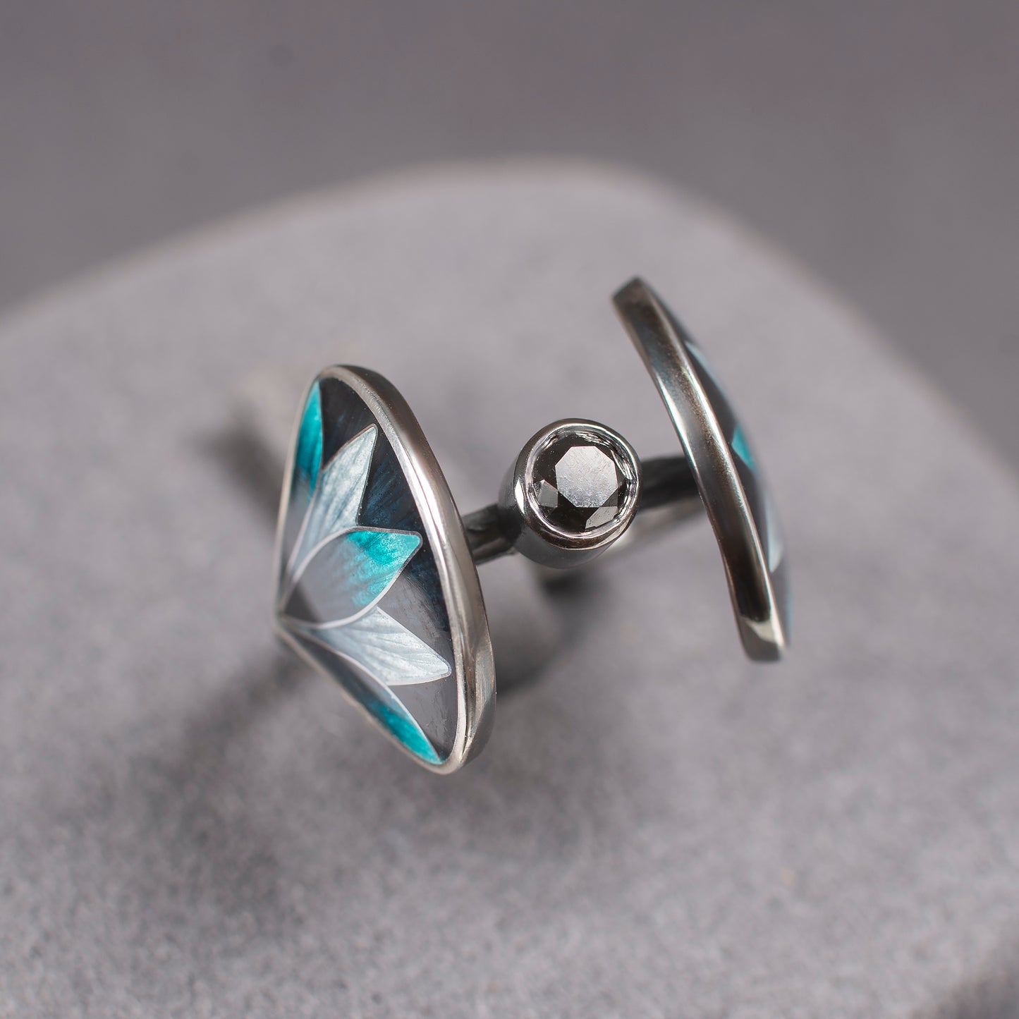 Black Diamond Ring, Oxidized Silver Ring With Cloisonne Enamel Lotus