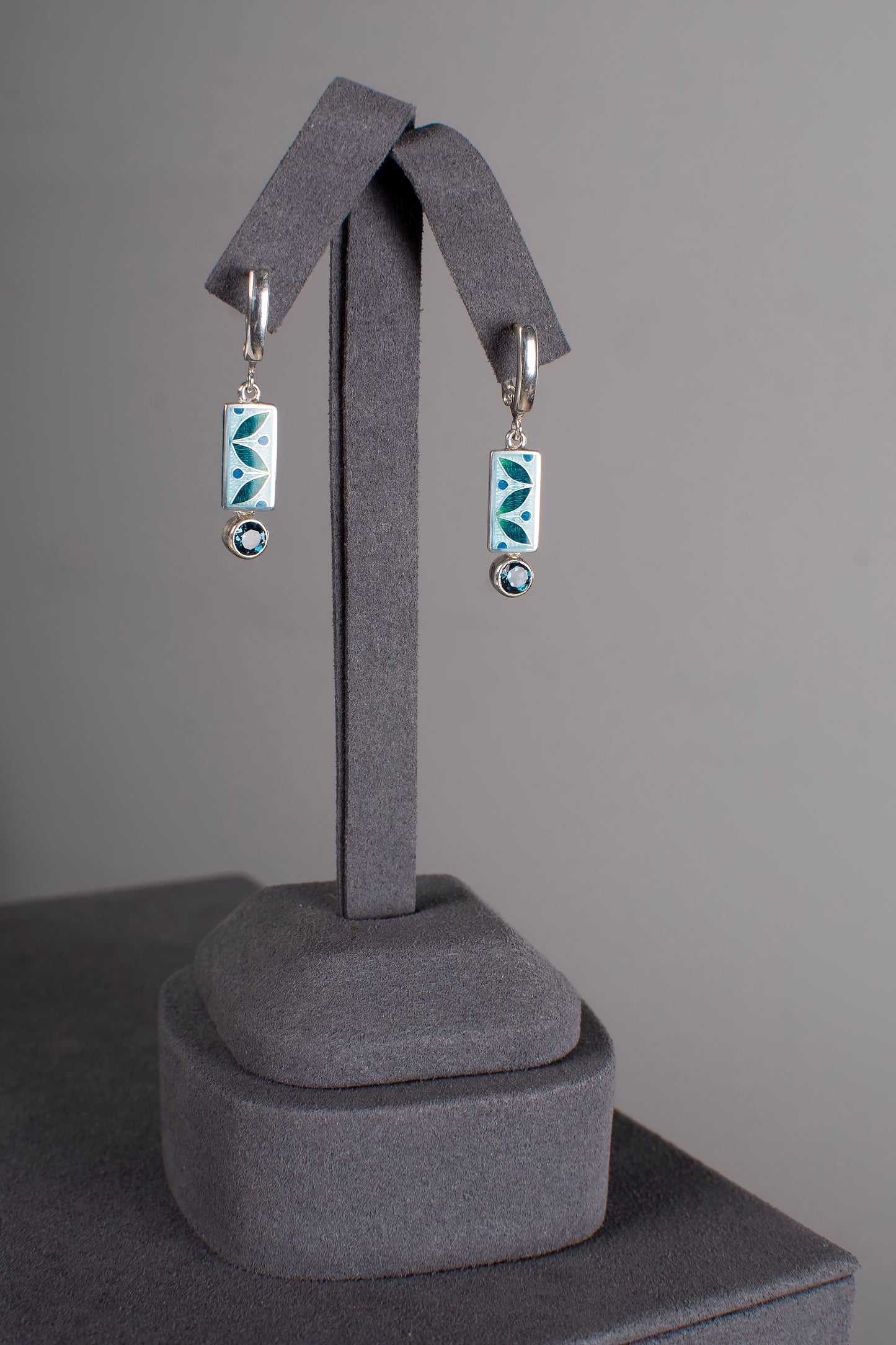 London Blue Topaz Silver Earrings, Cloisonne Enamel, Art Deco Rectangle Earrings