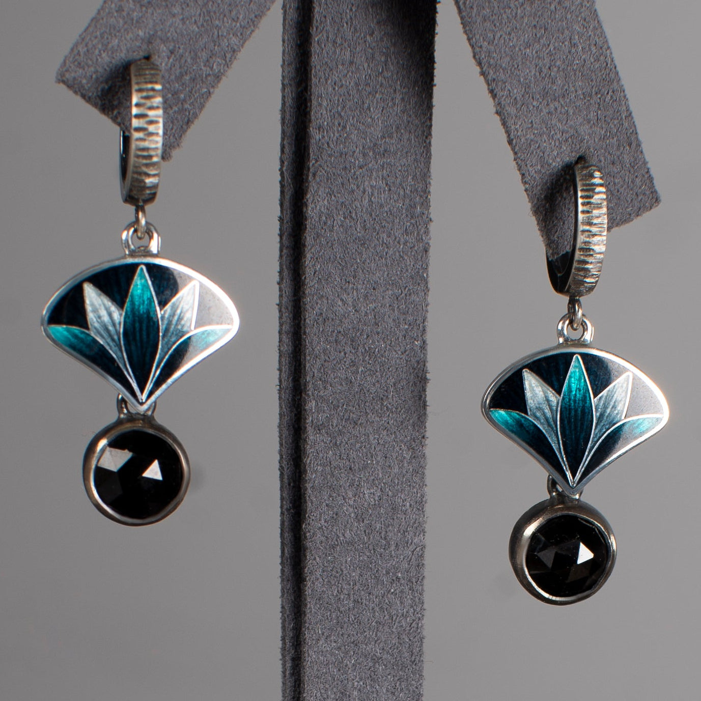 Oxidized Silver Lotus Cloisonne Enamel & Onyx Drop Earrings