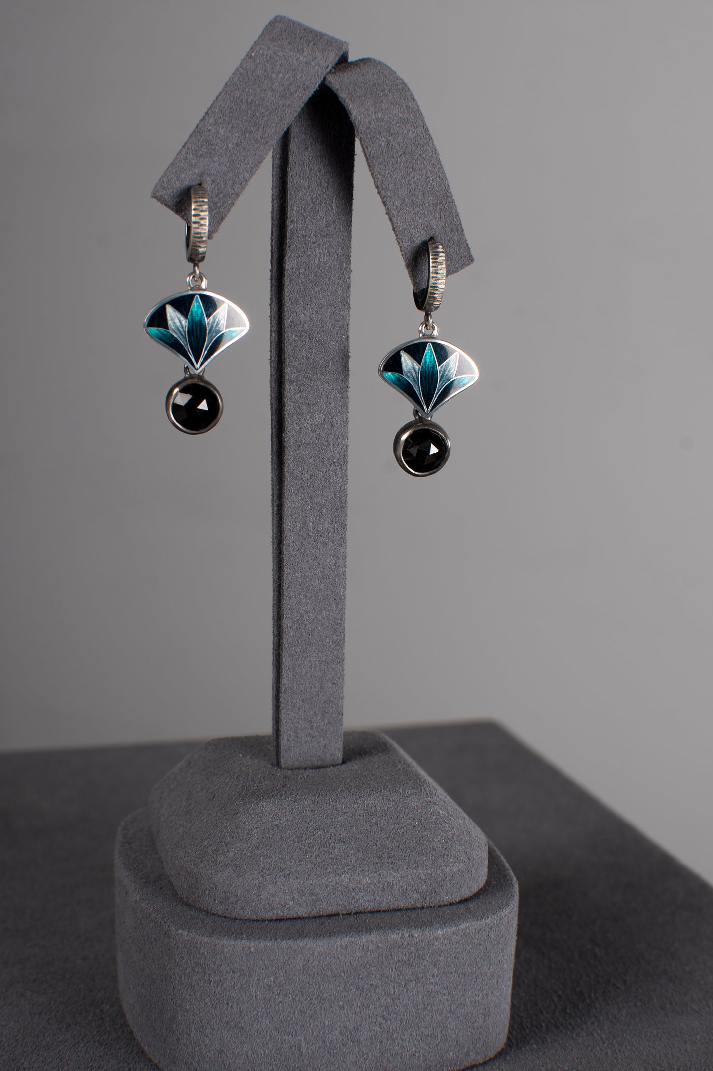 Oxidized Silver Lotus Cloisonne Enamel & Onyx Drop Earrings