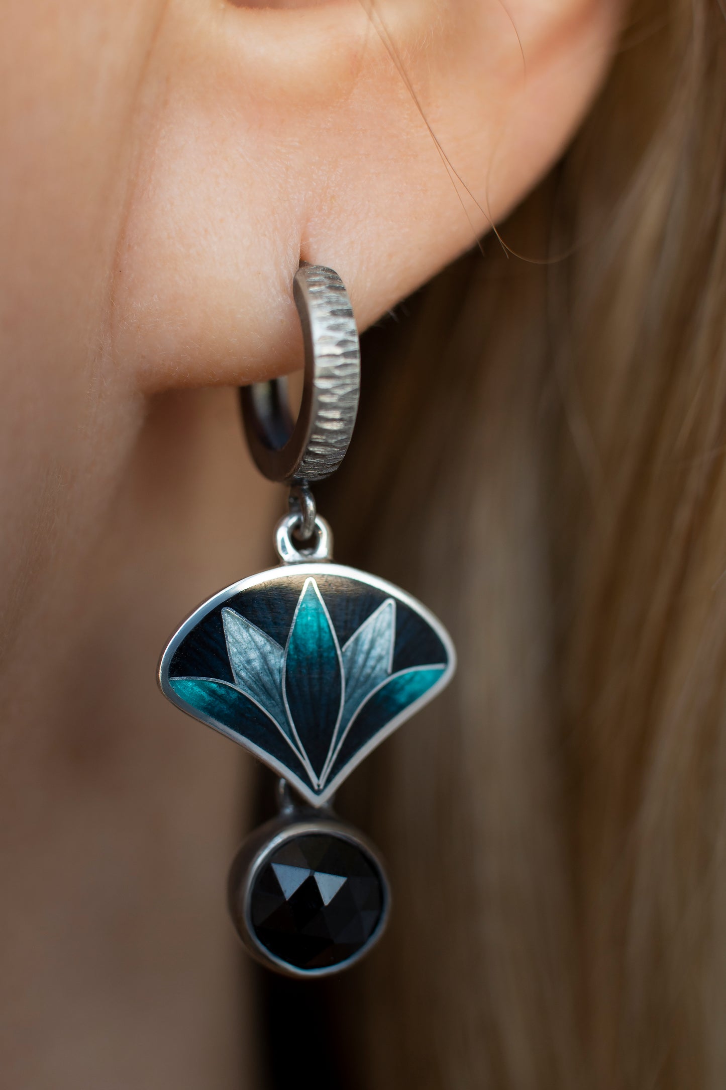 Oxidized Silver Lotus Cloisonne Enamel & Onyx Drop Earrings
