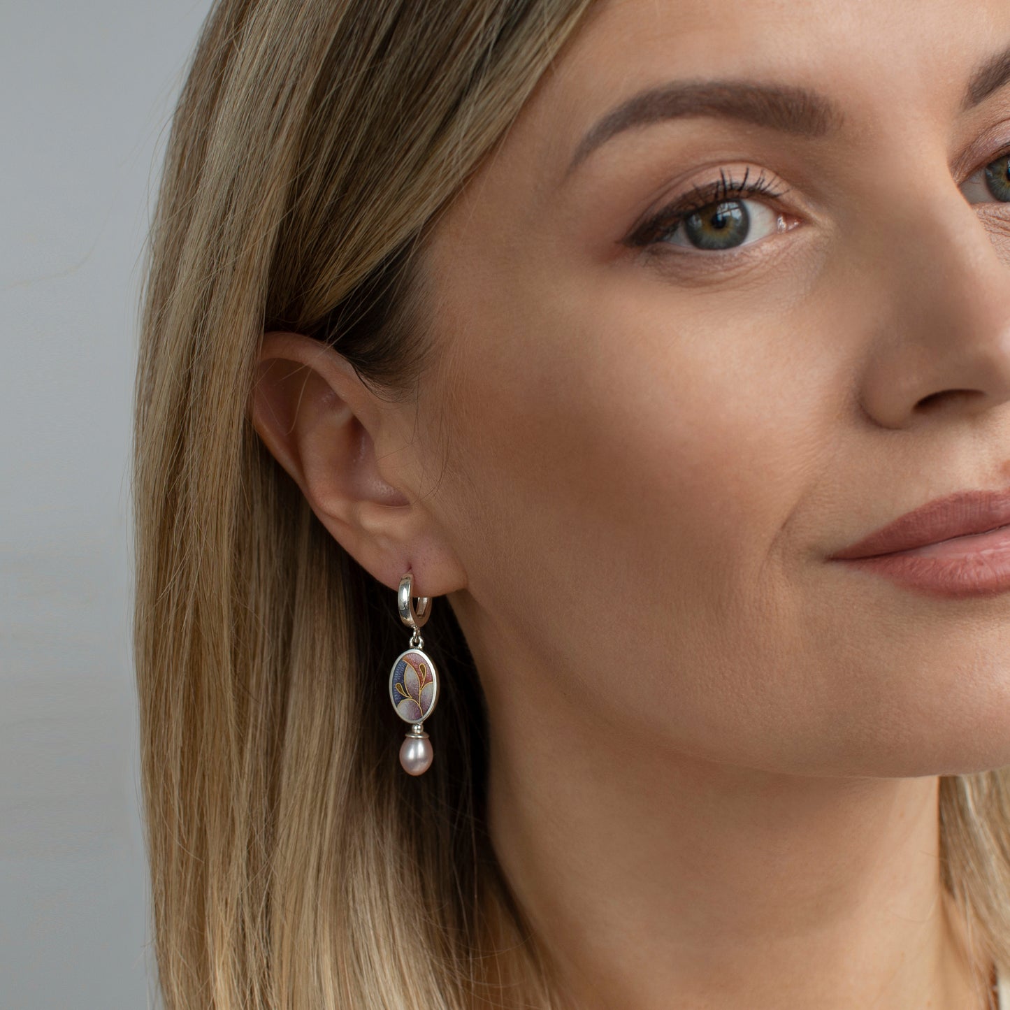 Cloisonne Enamel Earrings With Rose Pearls and Gold Wire Pattern