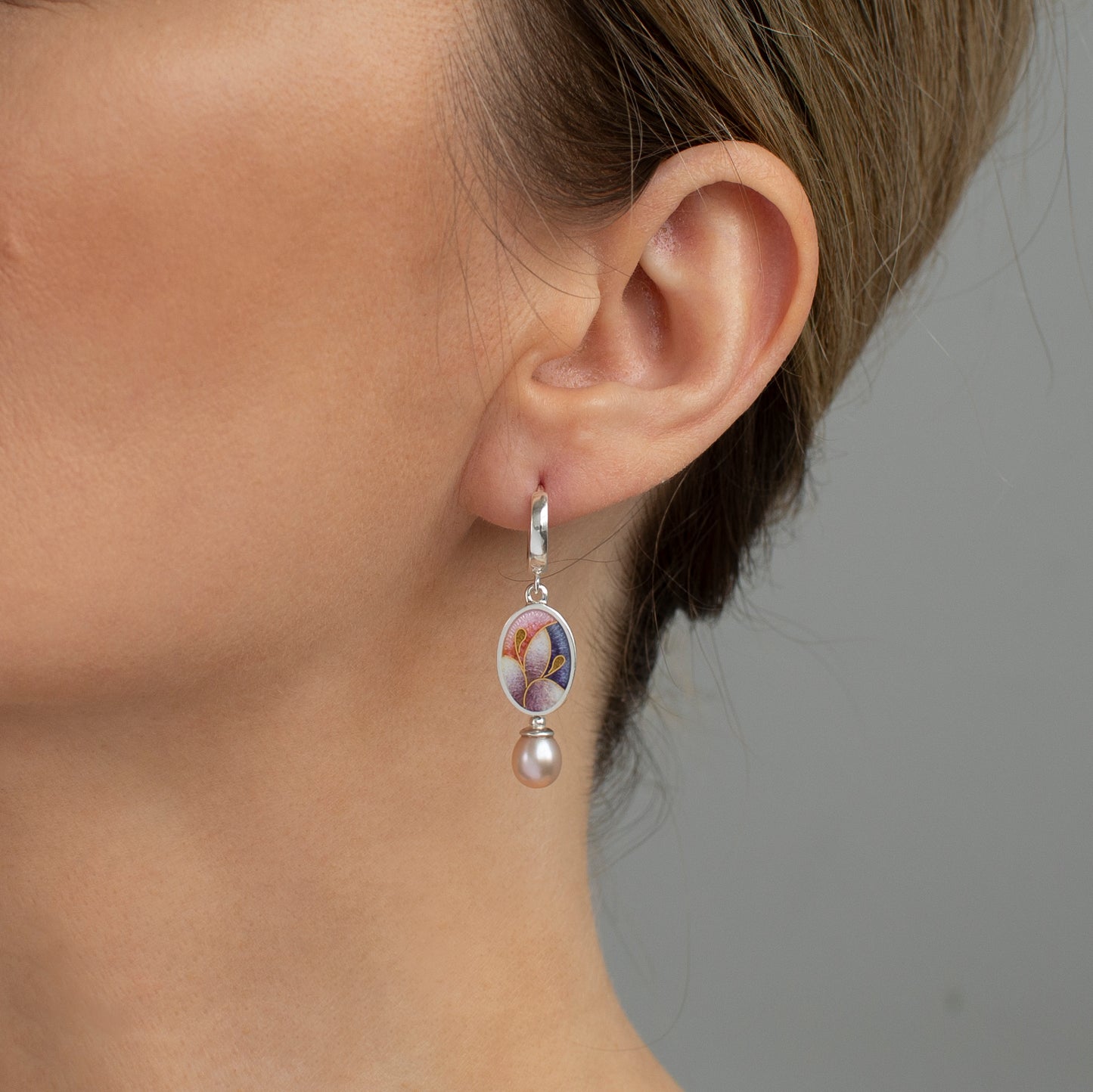 Cloisonne Enamel Earrings With Gold Pattern And Rose Pearls