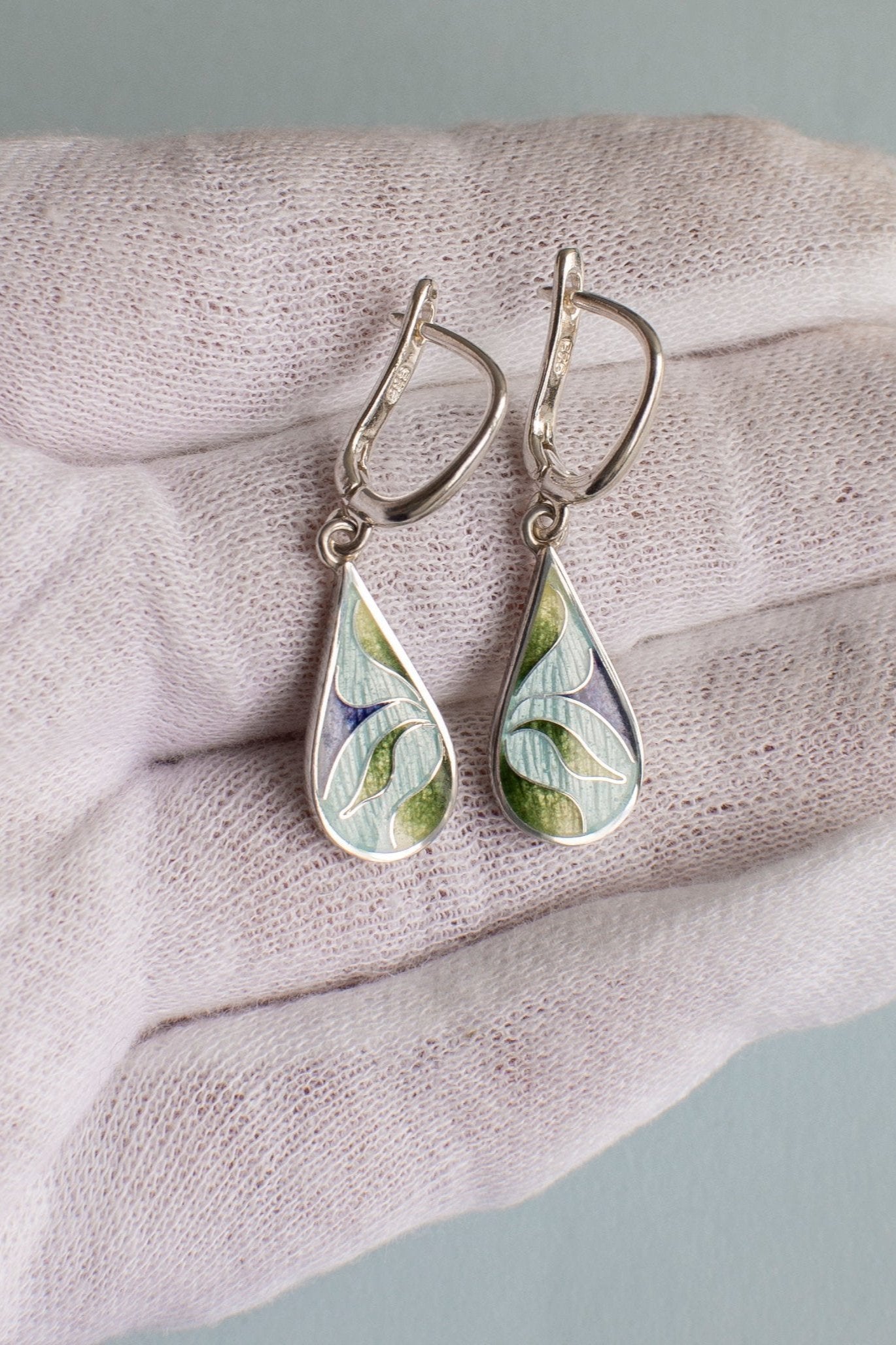 Cloisonne Enamel Teardrop Earrings With Floral Pattern