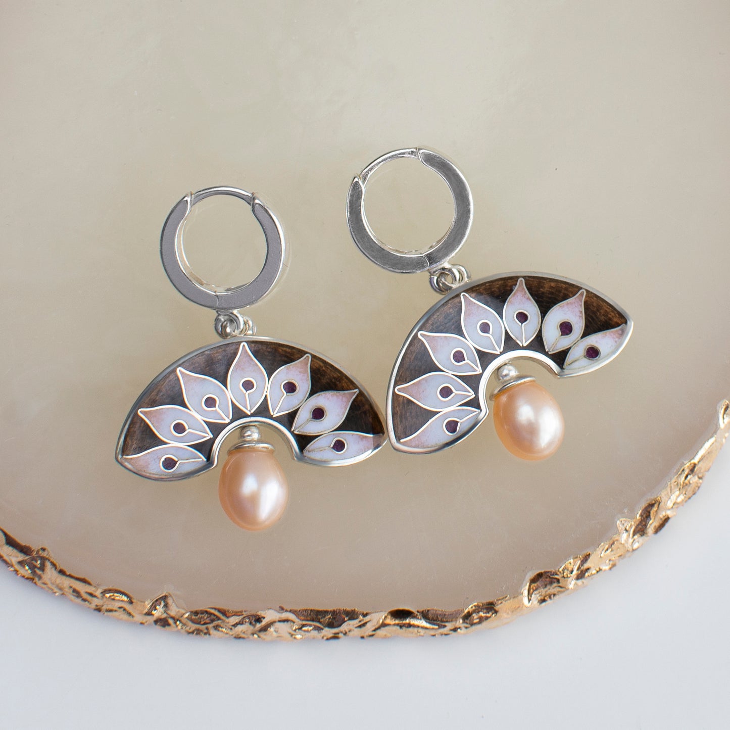 Leaves Shaped Earrings, Cloisonne Enamel Earrings With Labradorite