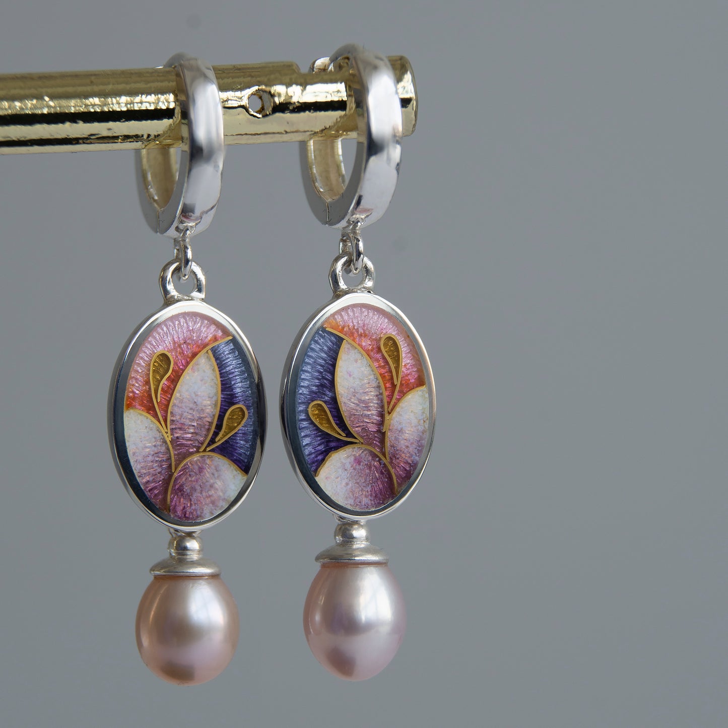 Cloisonne Enamel Earrings With Rose Pearls and Gold Wire Pattern