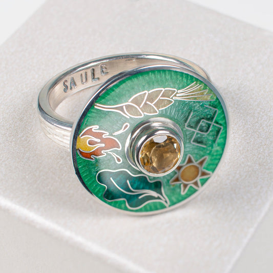Cloisonne Enamel Green Ring With Baltic Midsummer Sights "Saule"