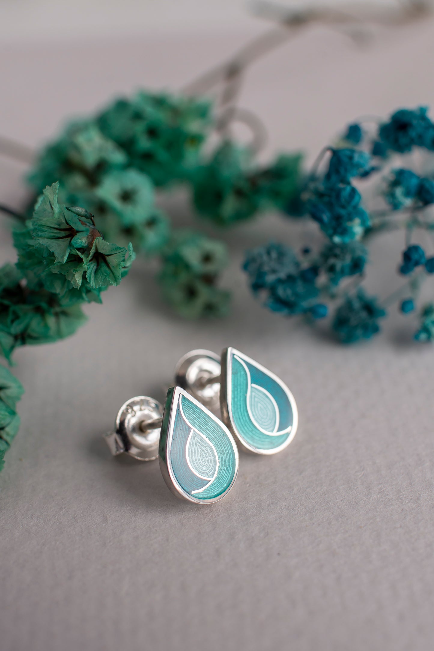 Drop Stud Cloisonne Enamel Earrings With Guilloche Pattern