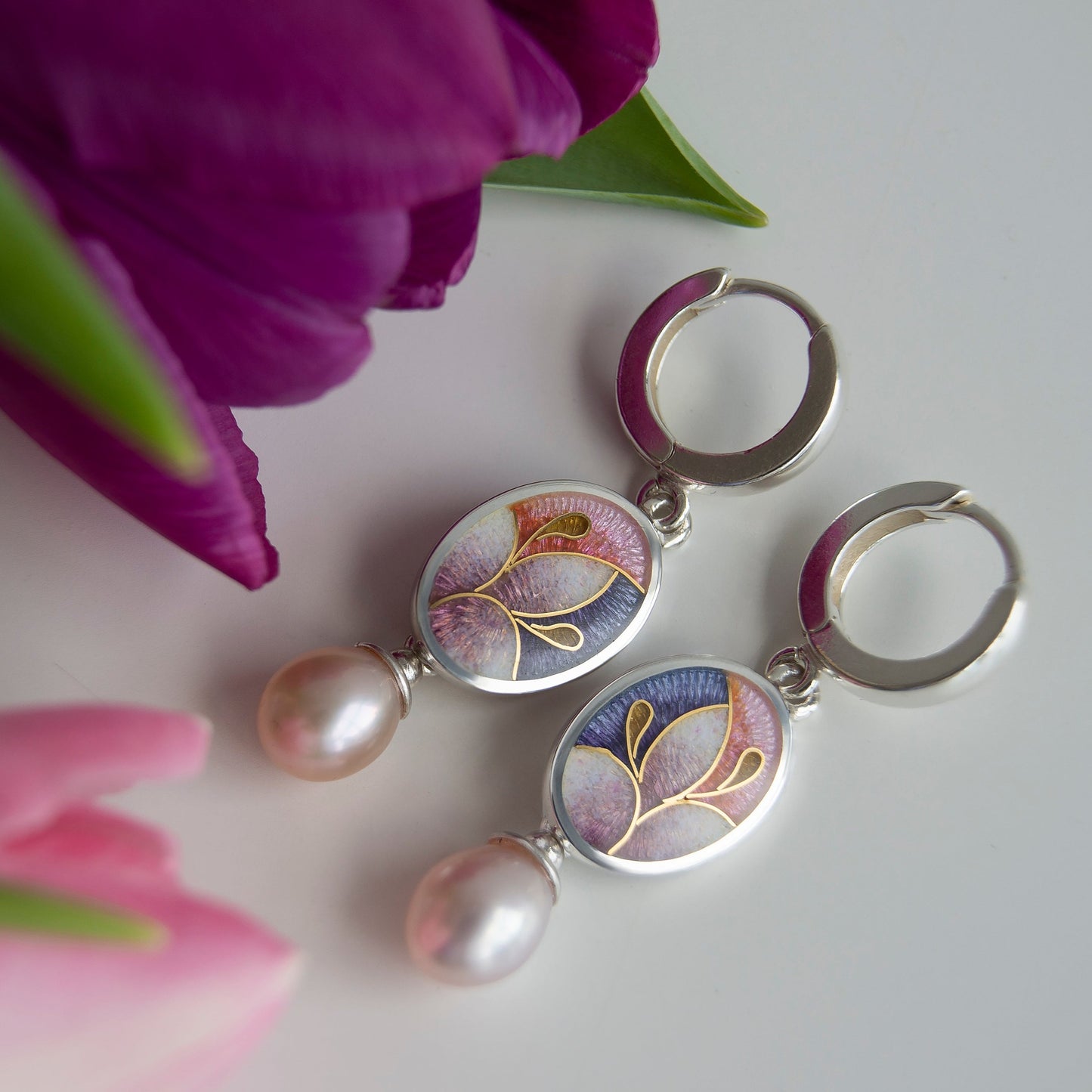 Cloisonne Enamel Earrings With Rose Pearls and Gold Wire Pattern