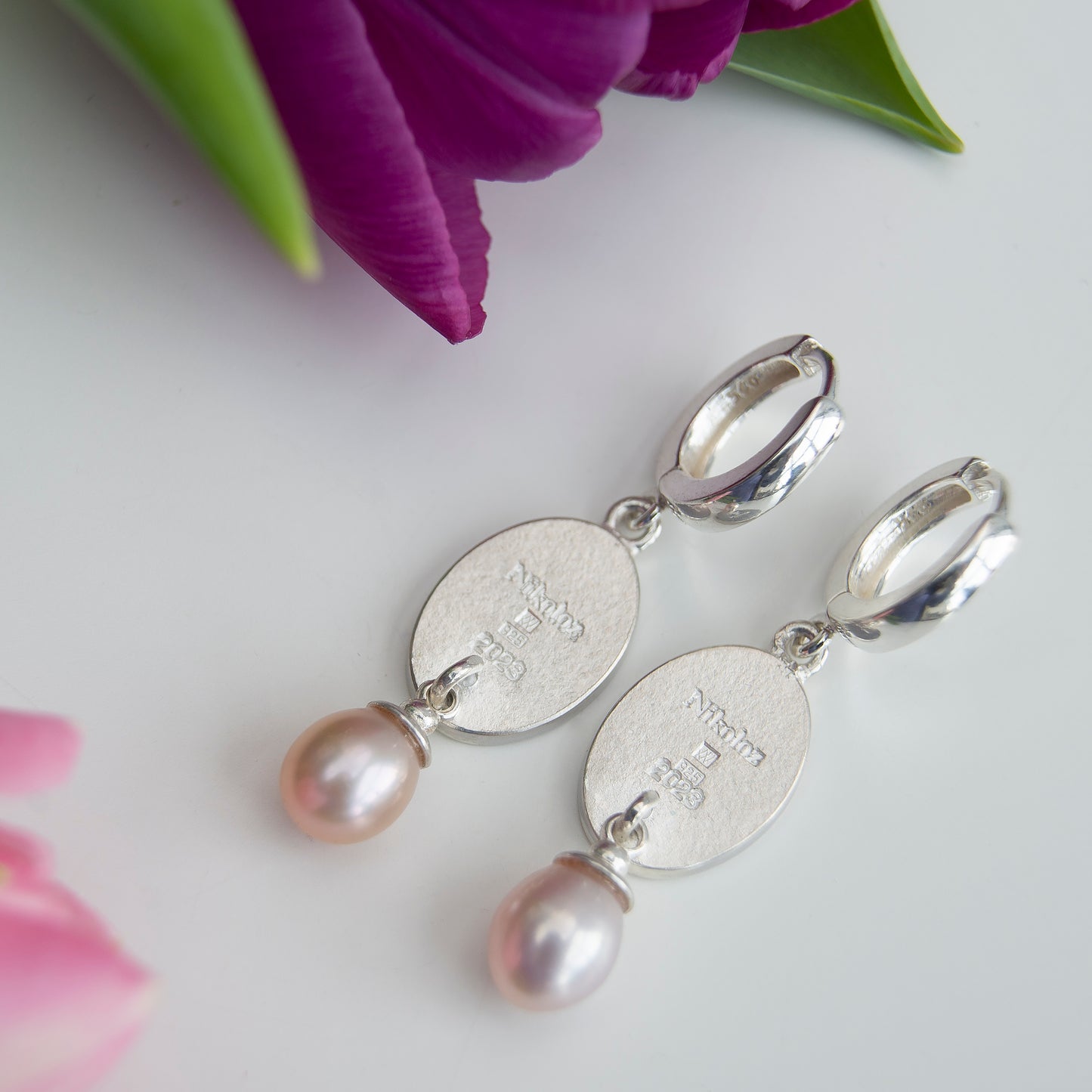 Cloisonne Enamel Earrings With Rose Pearls and Gold Wire Pattern