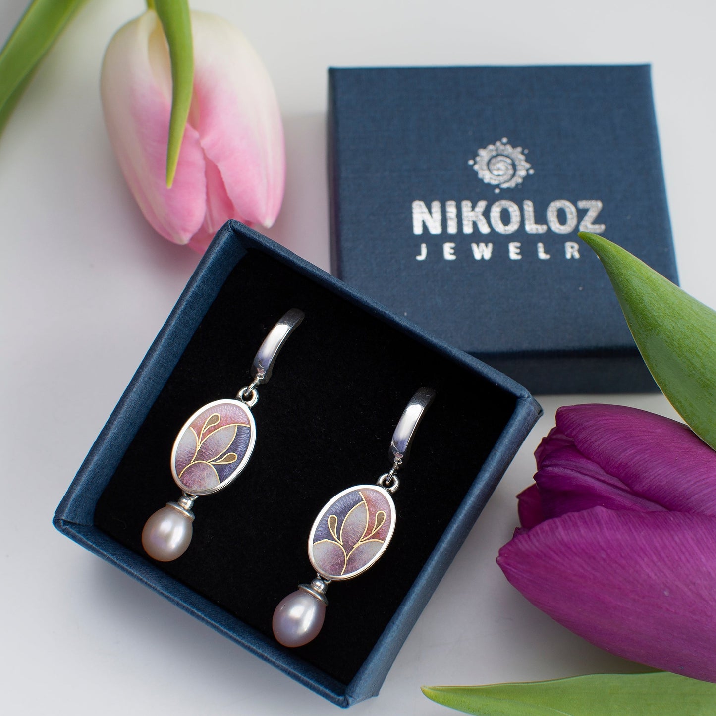 Cloisonne Enamel Earrings With Gold Pattern And Rose Pearls
