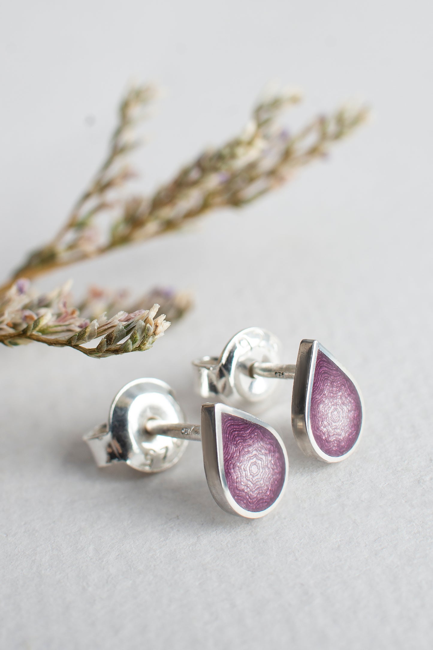 Small Drop Stud Enamel Earrings With Guilloche Pattern