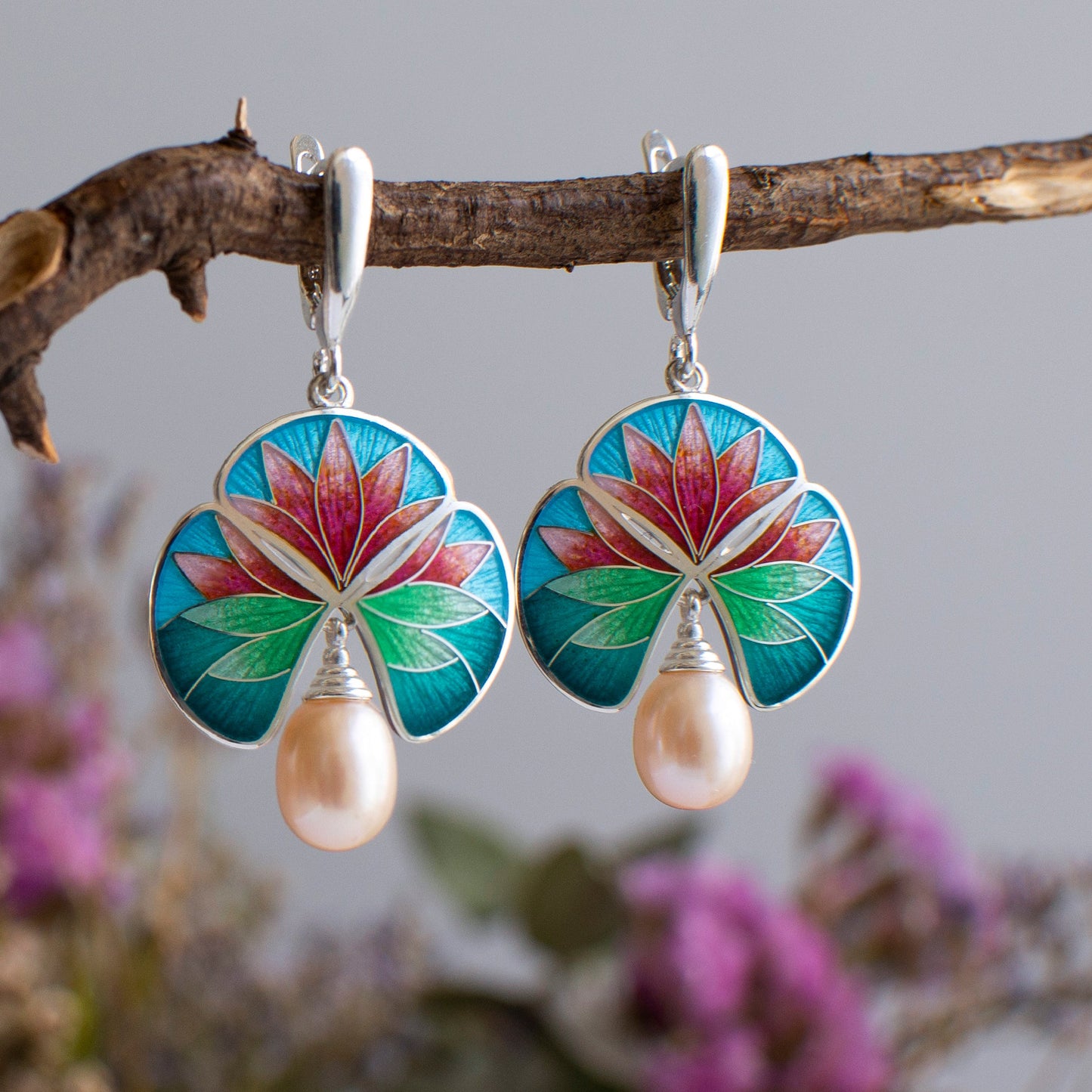 Handmade Silver Water Lily Earring with Hot Cloisonne Enamel and Freshwater Pearl