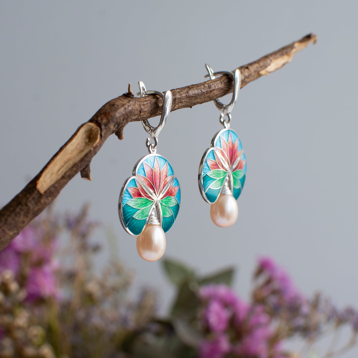 Handmade Silver Water Lily Earring with Hot Cloisonne Enamel and Freshwater Pearl