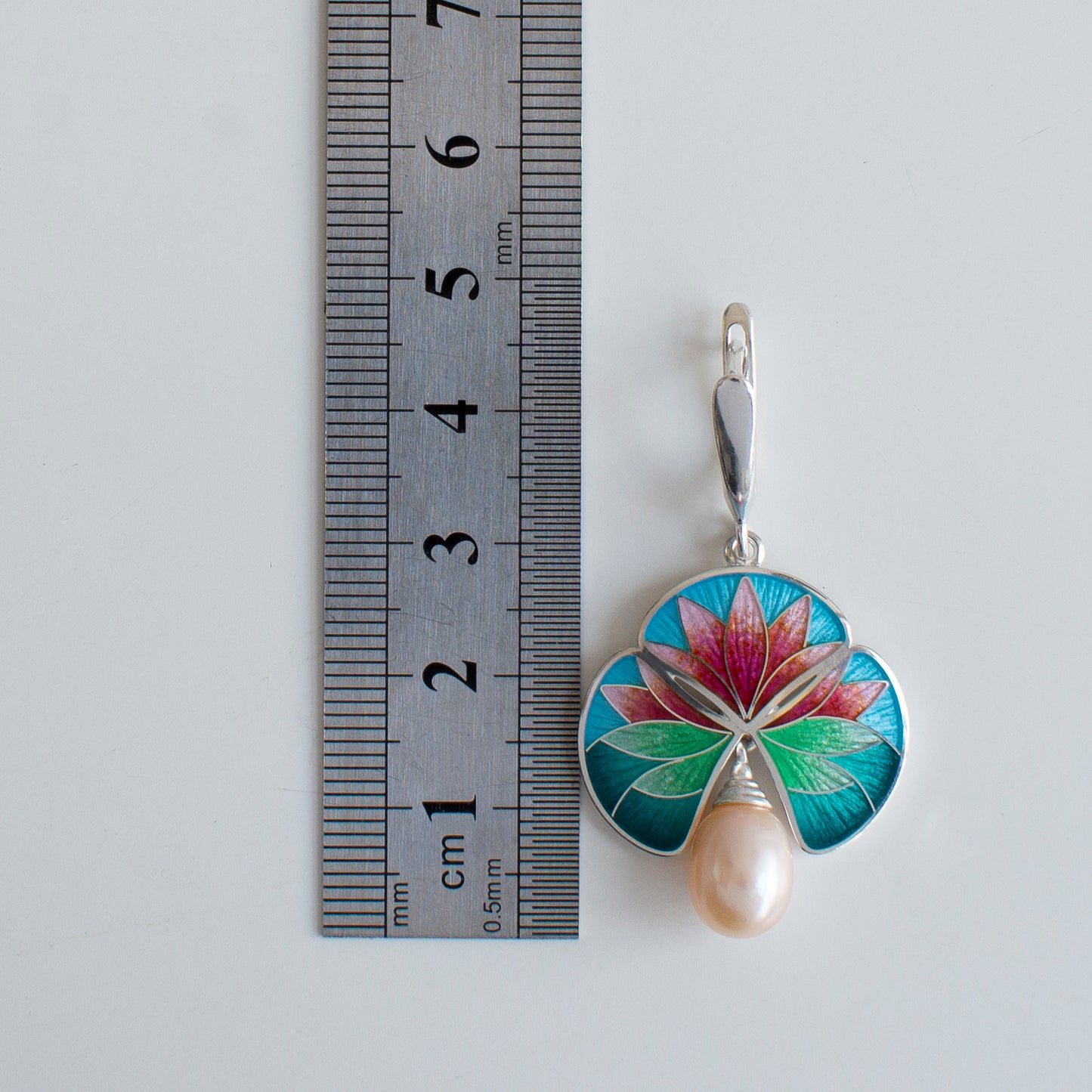 Handmade Silver Water Lily Earring with Hot Cloisonne Enamel and Freshwater Pearl