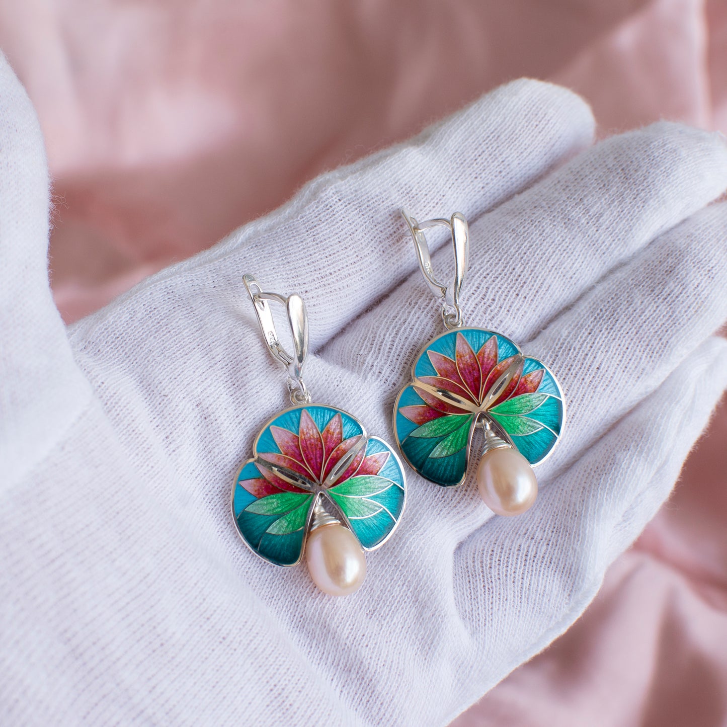 Handmade Silver Water Lily Earring with Hot Cloisonne Enamel and Freshwater Pearl