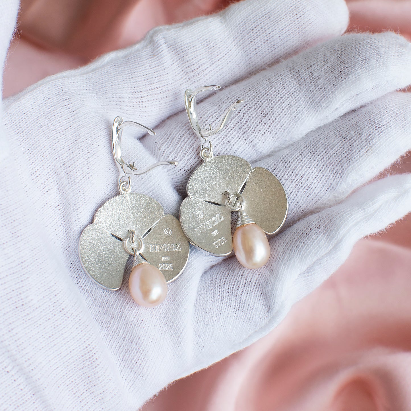 Handmade Silver Water Lily Earring with Hot Cloisonne Enamel and Freshwater Pearl