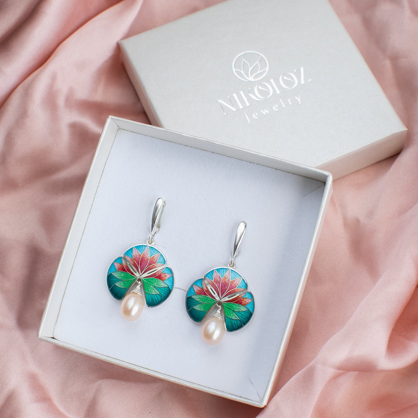 Handmade Silver Water Lily Earring with Hot Cloisonne Enamel and Freshwater Pearl
