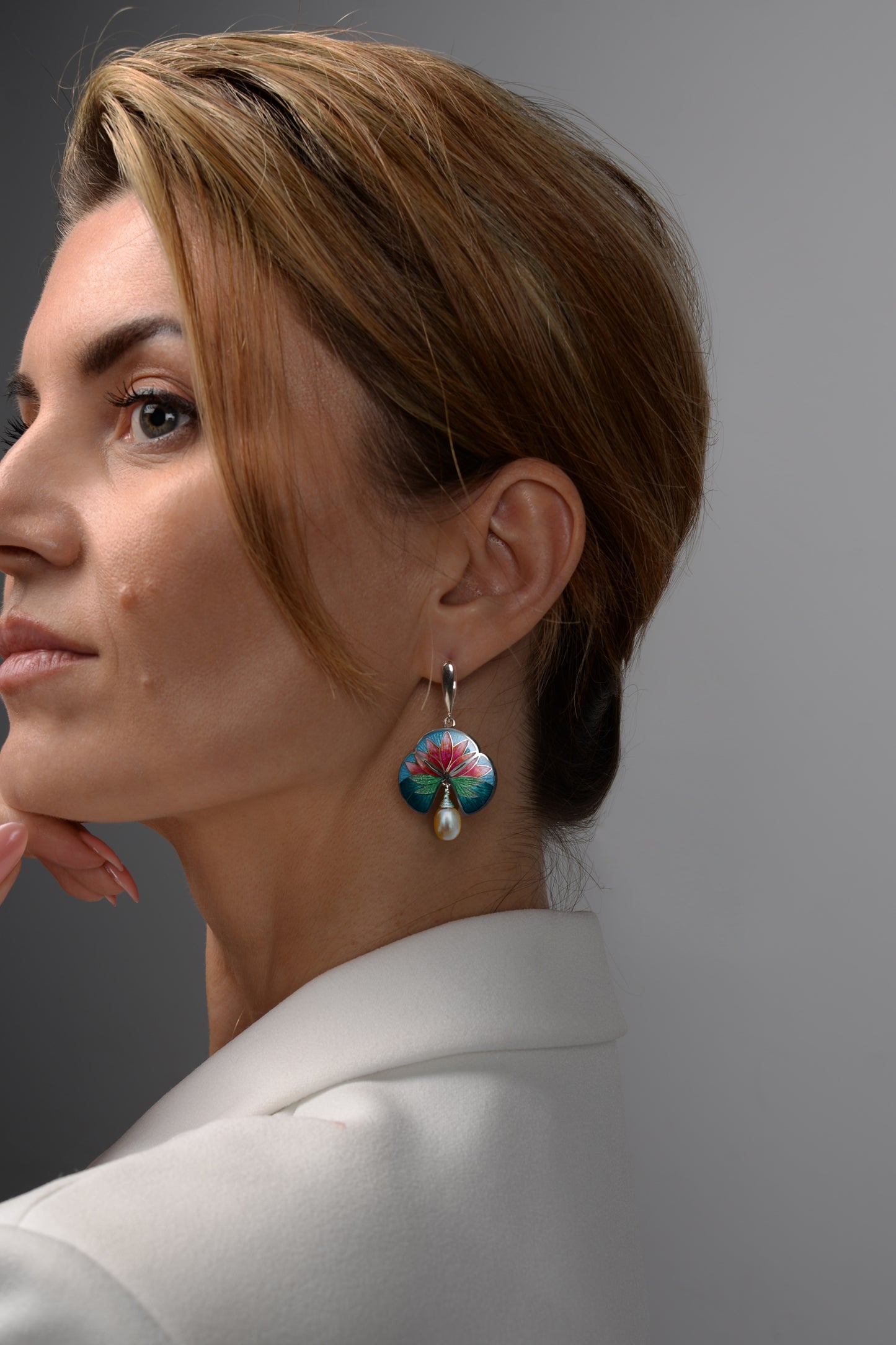 Handmade Silver Water Lily Earring with Hot Cloisonne Enamel and Freshwater Pearl
