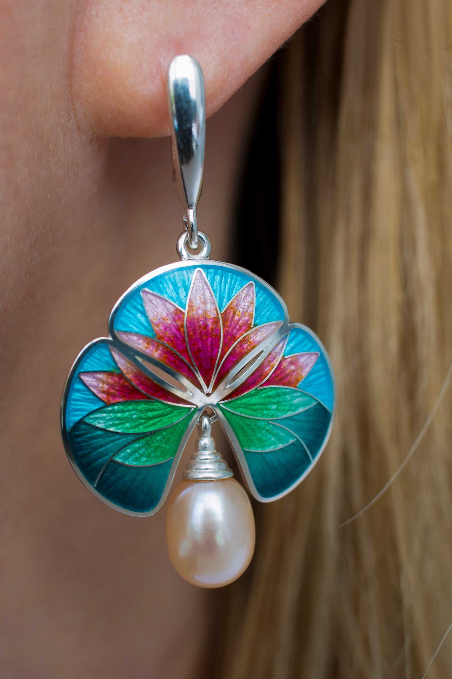 Handmade Silver Water Lily Earring with Hot Cloisonne Enamel and Freshwater Pearl