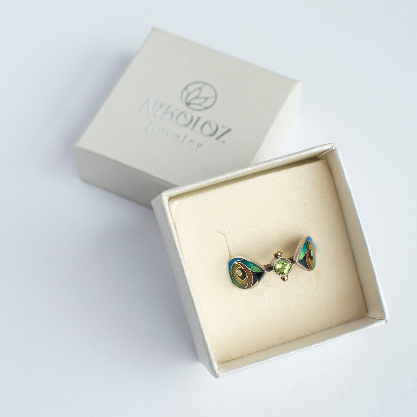 Cloisonné Enamel Ring with Olivine and Gold Beads "Verdant Vision"