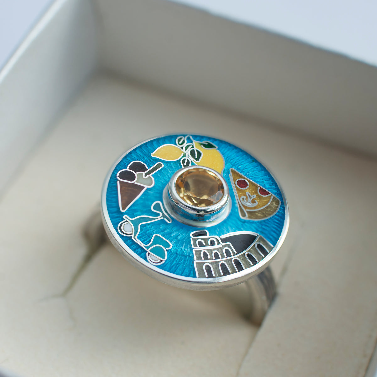 Cloisonne Enamel Ring With Italy Sights "Amare La Vita"