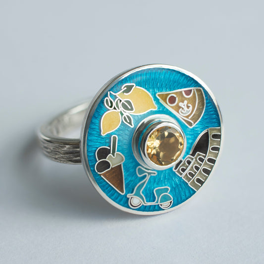 Cloisonne Enamel Ring With Italy Sights "Amare La Vita"