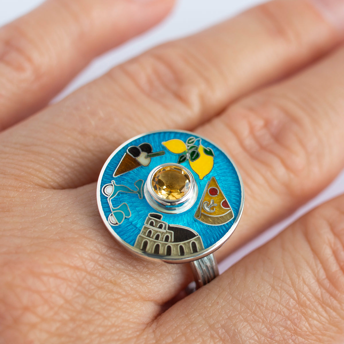Cloisonne Enamel Ring With Italy Sights "Amare La Vita"