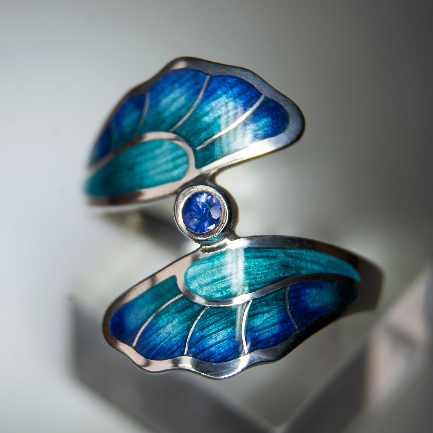 Sapphire Enamel Ring, Cloisonne Enamel And Sterling Silver Gemstone Ring