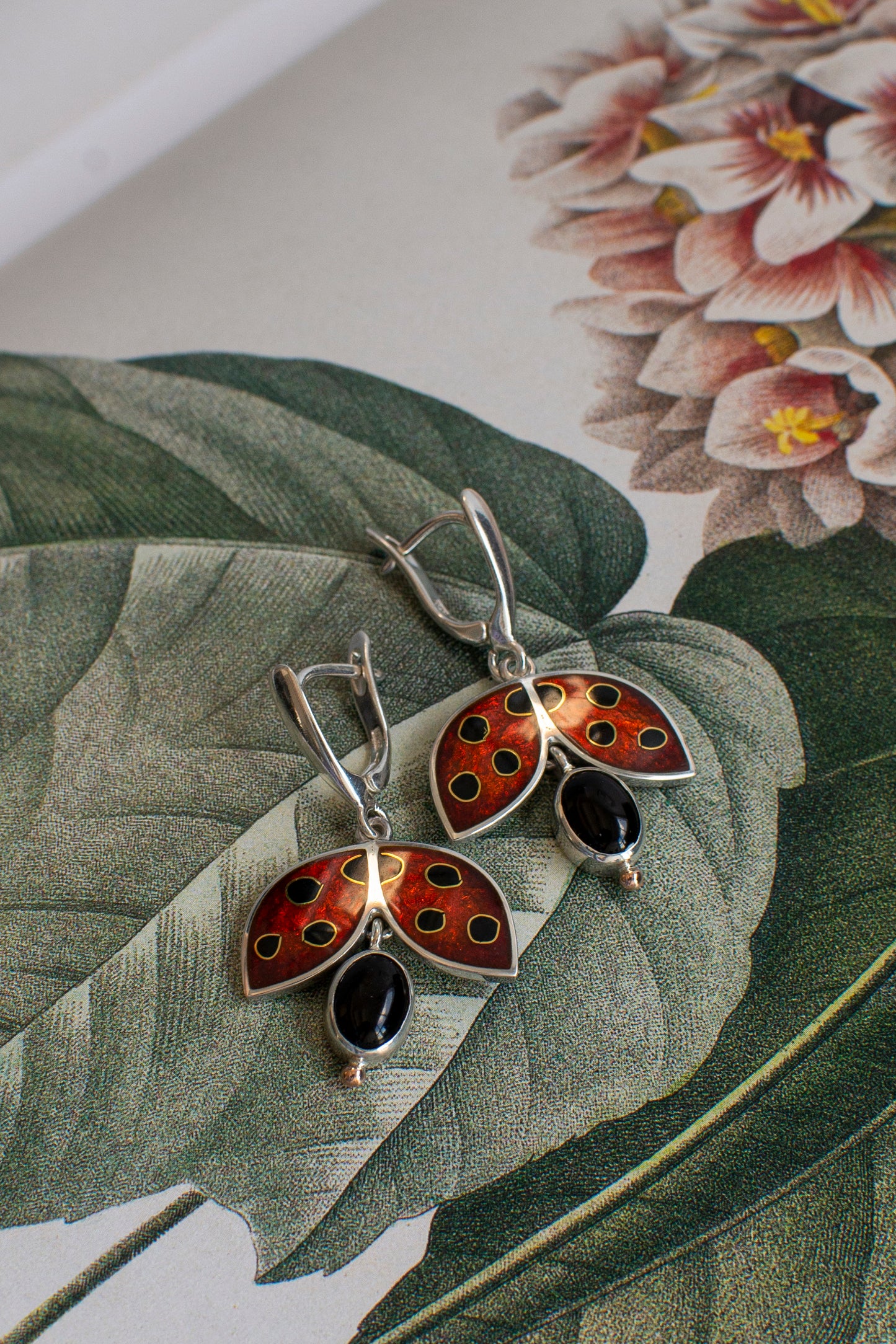 Ladybug Enamel Earrings With Black Onyx And Gold